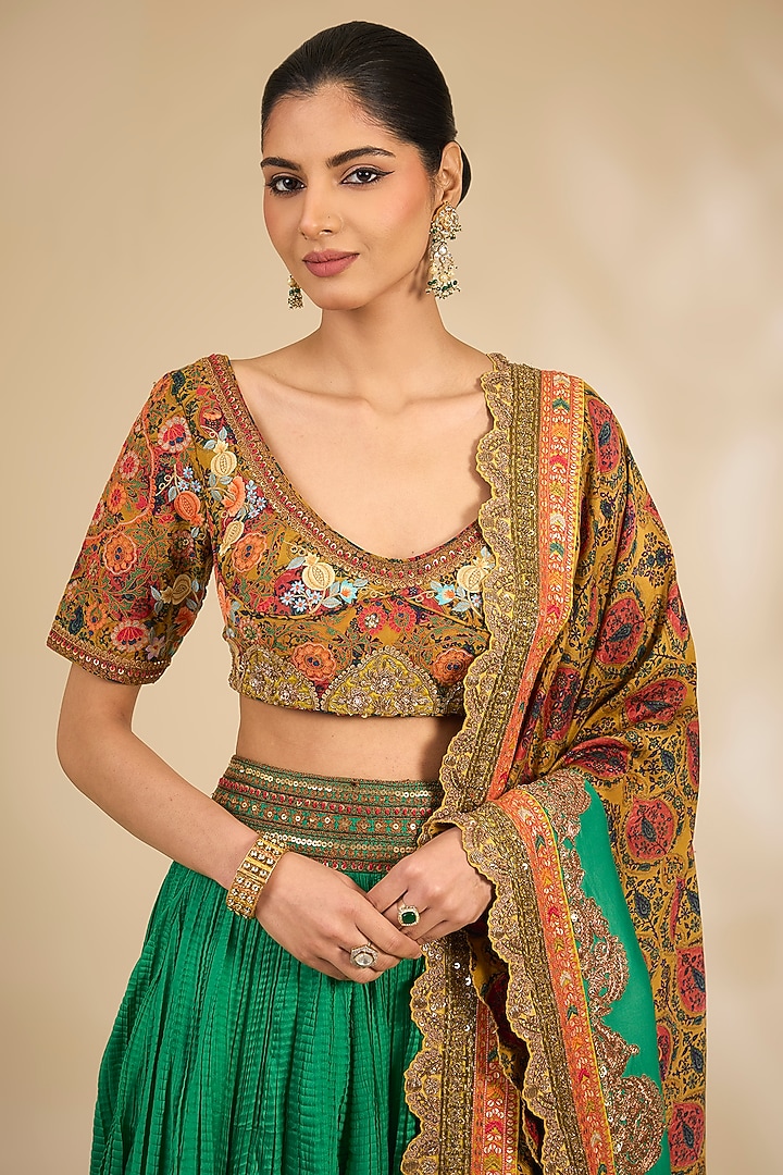 Green Chanderi Crushed Wedding Lehenga Set by Debyani at Pernia's Pop Up Shop