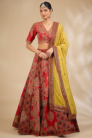 Red Chanderi Printed Lehenga Set by Debyani