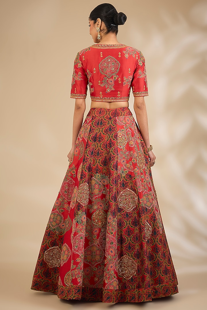 Red Chanderi Printed Bridal Lehenga Set by Debyani at Pernia's Pop Up Shop
