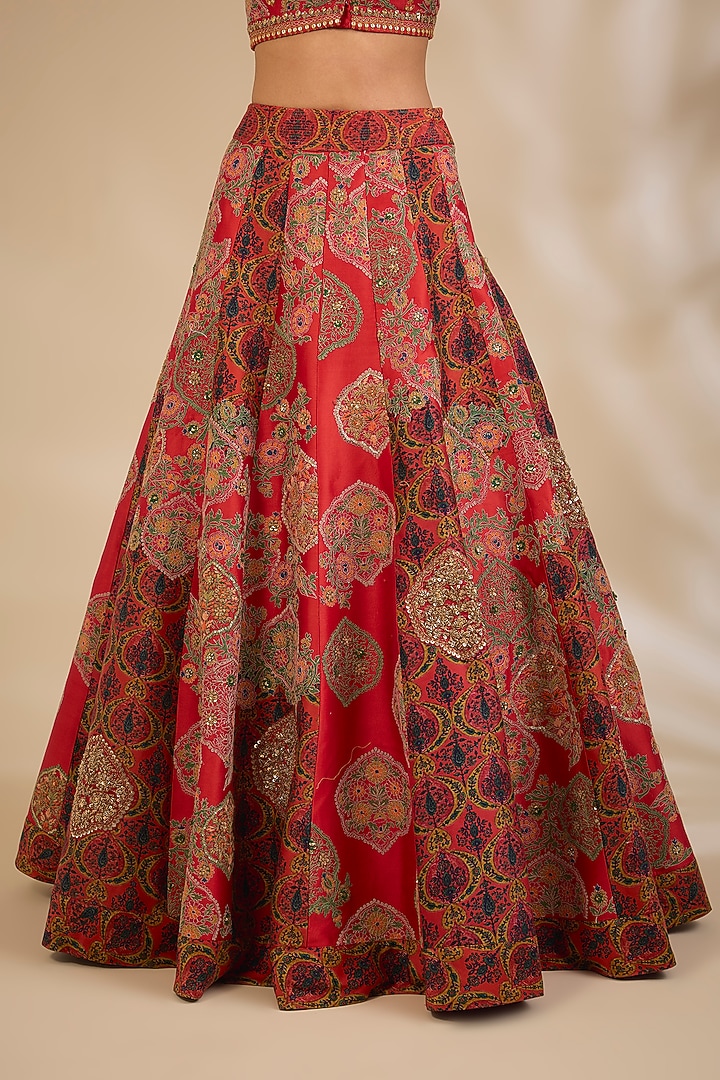 Red Chanderi Printed Bridal Lehenga Set by Debyani at Pernia's Pop Up Shop