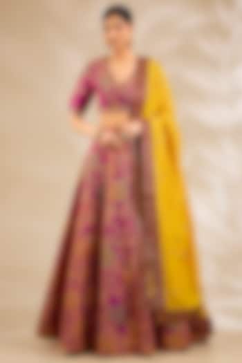 Magenta Chanderi Embroidered & Printed Bridal Lehenga Set by Debyani at Pernia's Pop Up Shop