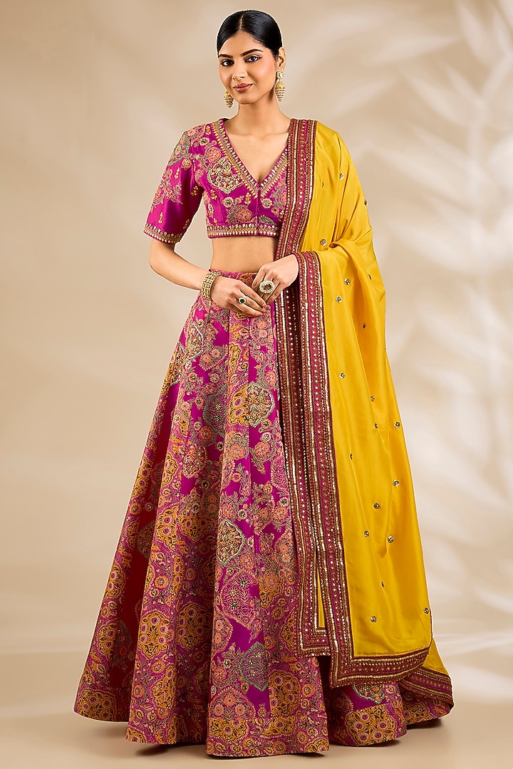 Magenta Chanderi Embroidered & Printed Bridal Lehenga Set by Debyani at Pernia's Pop Up Shop