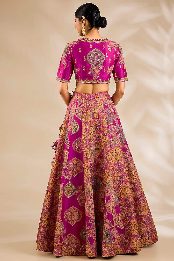 Magenta Chanderi Embroidered & Printed Bridal Lehenga Set by Debyani at Pernia's Pop Up Shop