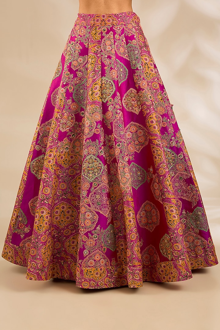 Magenta Chanderi Embroidered & Printed Bridal Lehenga Set by Debyani at Pernia's Pop Up Shop