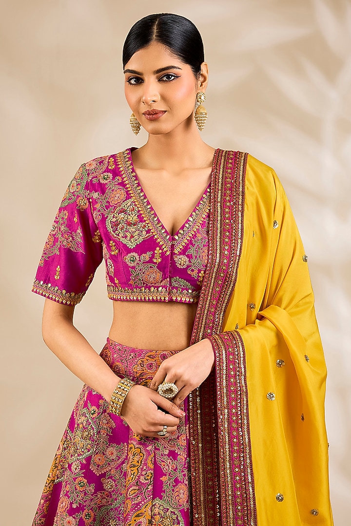 Magenta Chanderi Embroidered & Printed Bridal Lehenga Set by Debyani at Pernia's Pop Up Shop