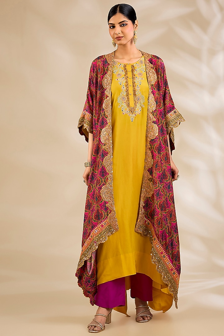 Magenta Silk Embroidered & Printed Cape Set by Debyani at Pernia's Pop Up Shop