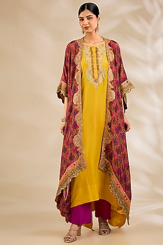 Magenta Silk Embroidered & Printed Cape Set by Debyani