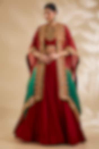 Red Chanderi & Organza Skirt Set by Debyani at Pernia's Pop Up Shop