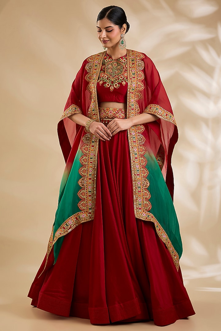 Red Chanderi & Organza Skirt Set by Debyani at Pernia's Pop Up Shop