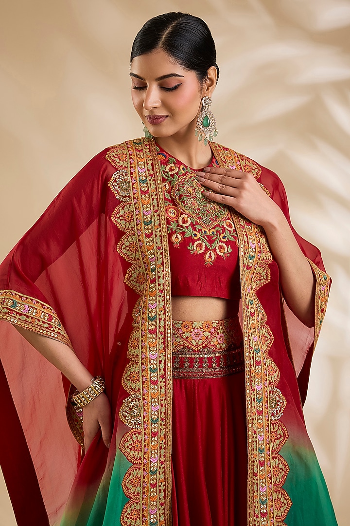 Red Chanderi & Organza Skirt Set by Debyani at Pernia's Pop Up Shop