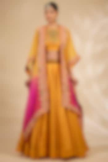 Yellow Chanderi Hand & Machine Embroidered Cape Set by Debyani at Pernia's Pop Up Shop