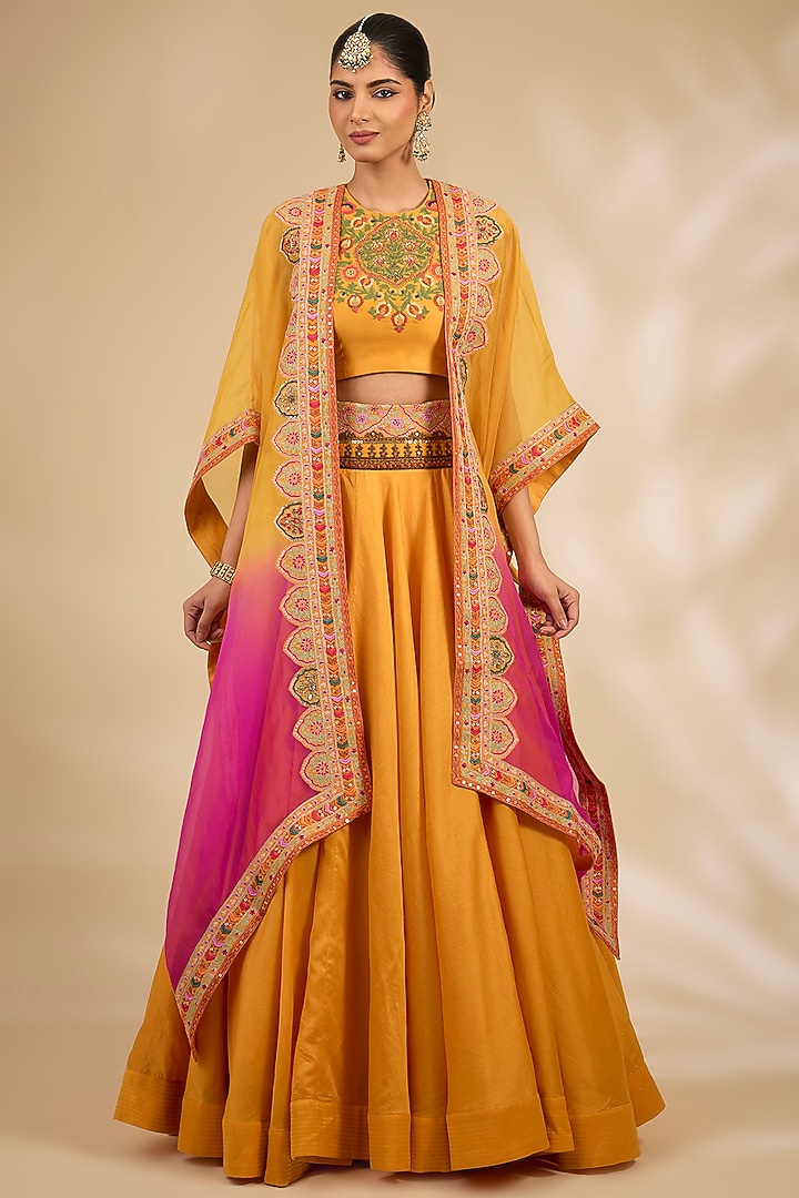 Yellow Chanderi Hand & Machine Embroidered Cape Set by Debyani at Pernia's Pop Up Shop