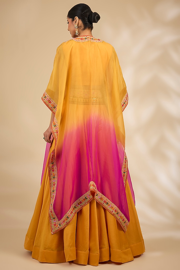 Yellow Chanderi Hand & Machine Embroidered Cape Set by Debyani at Pernia's Pop Up Shop