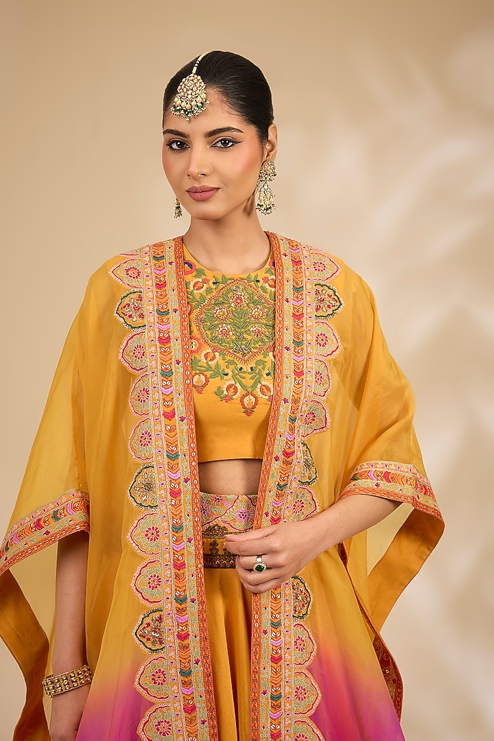Yellow Chanderi Hand & Machine Embroidered Cape Set by Debyani at Pernia's Pop Up Shop