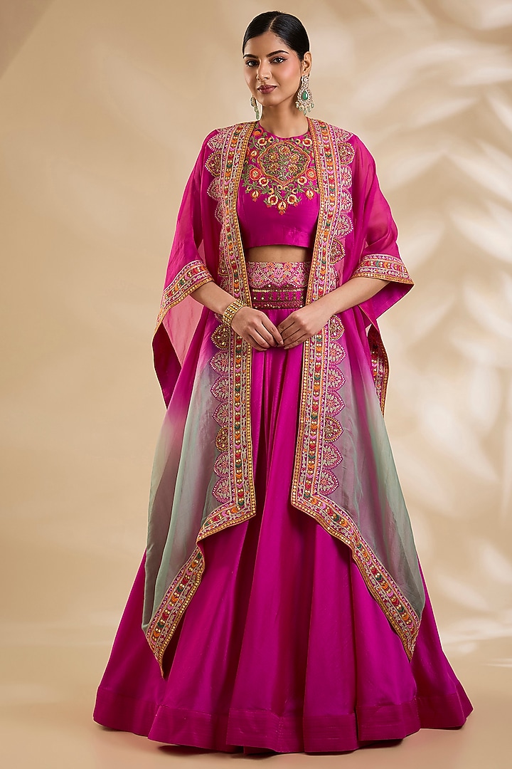 Rani Pink Chanderi & Organza Skirt Set by Debyani at Pernia's Pop Up Shop