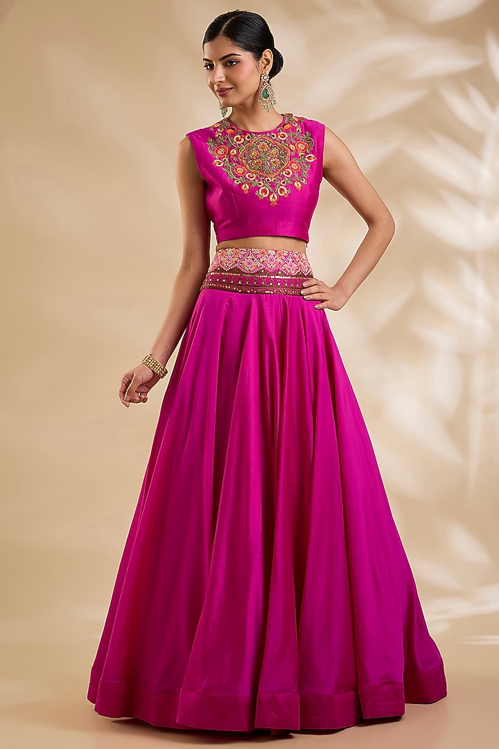 Rani Pink Chanderi & Organza Skirt Set by Debyani at Pernia's Pop Up Shop