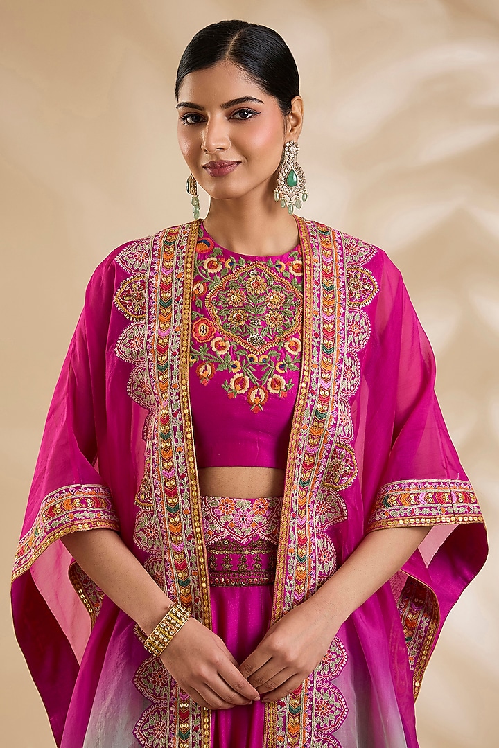 Rani Pink Chanderi & Organza Skirt Set by Debyani at Pernia's Pop Up Shop