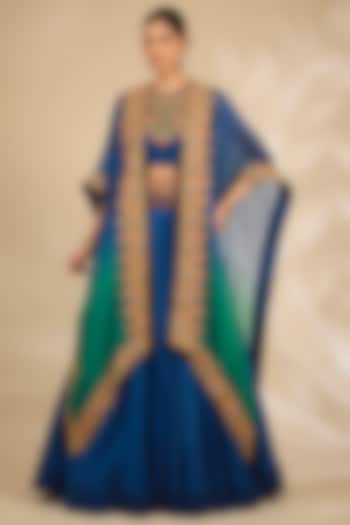 Blue Chanderi Hand & Machine Embroidered Cape Set by Debyani at Pernia's Pop Up Shop