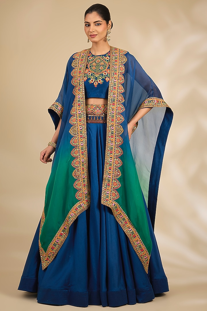 Blue Chanderi Hand & Machine Embroidered Cape Set by Debyani at Pernia's Pop Up Shop