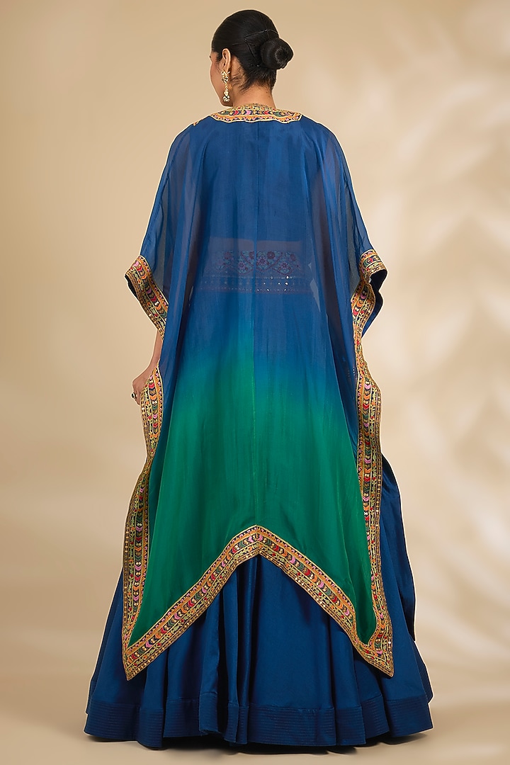 Blue Chanderi Hand & Machine Embroidered Cape Set by Debyani at Pernia's Pop Up Shop