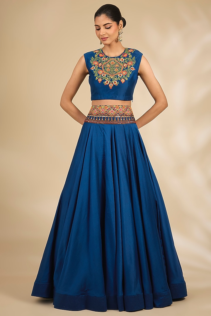 Blue Chanderi Hand & Machine Embroidered Cape Set by Debyani at Pernia's Pop Up Shop