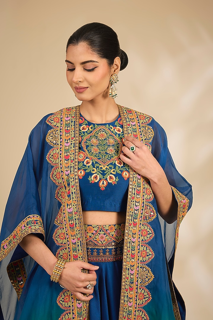 Blue Chanderi Hand & Machine Embroidered Cape Set by Debyani at Pernia's Pop Up Shop