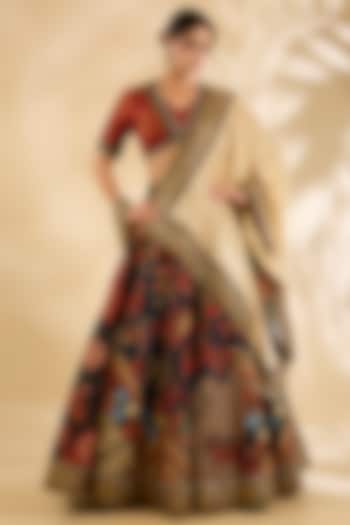 Blue Silk Printed & Embroidered Bridal Lehenga Set by Debyani at Pernia's Pop Up Shop