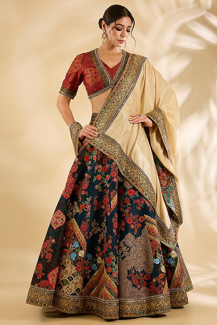 Blue Silk Printed & Embroidered Bridal Lehenga Set by Debyani at Pernia's Pop Up Shop