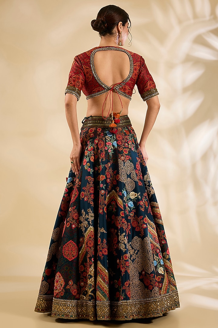 Blue Silk Printed & Embroidered Bridal Lehenga Set by Debyani at Pernia's Pop Up Shop