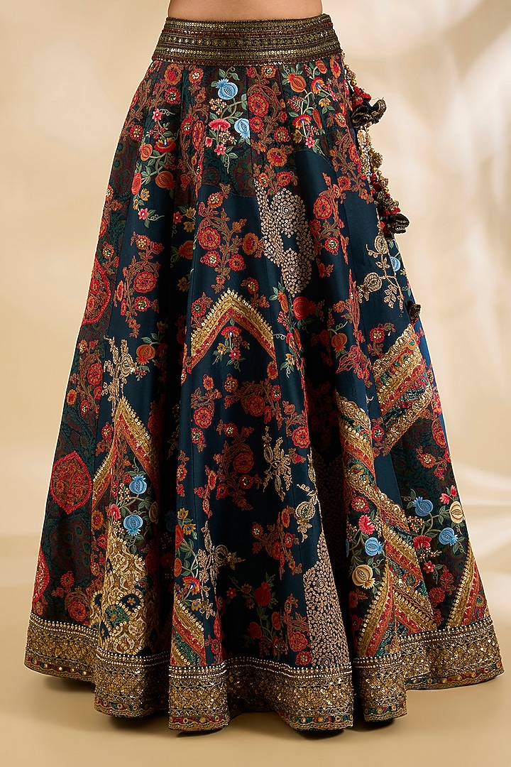 Blue Silk Printed & Embroidered Bridal Lehenga Set by Debyani at Pernia's Pop Up Shop