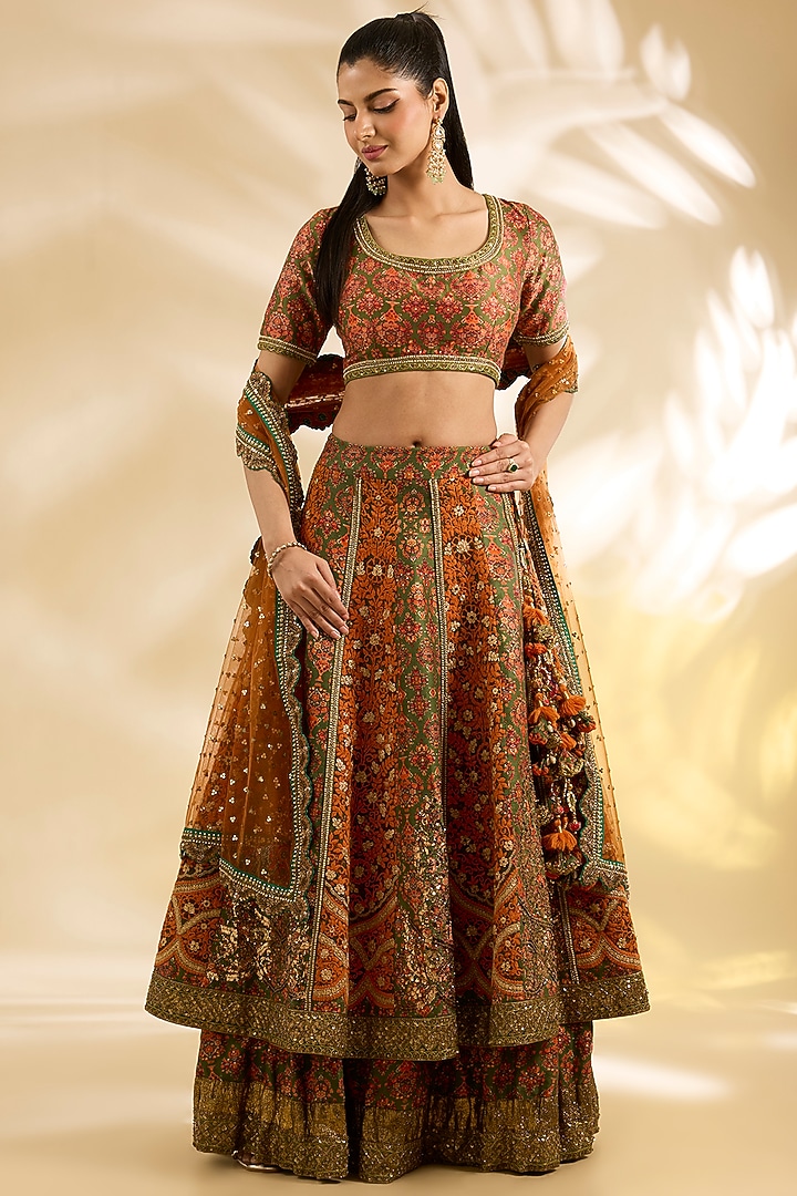 Rust & Olive Silk Floral Printed & Embroidered Bridal Lehenga Set by Debyani at Pernia's Pop Up Shop