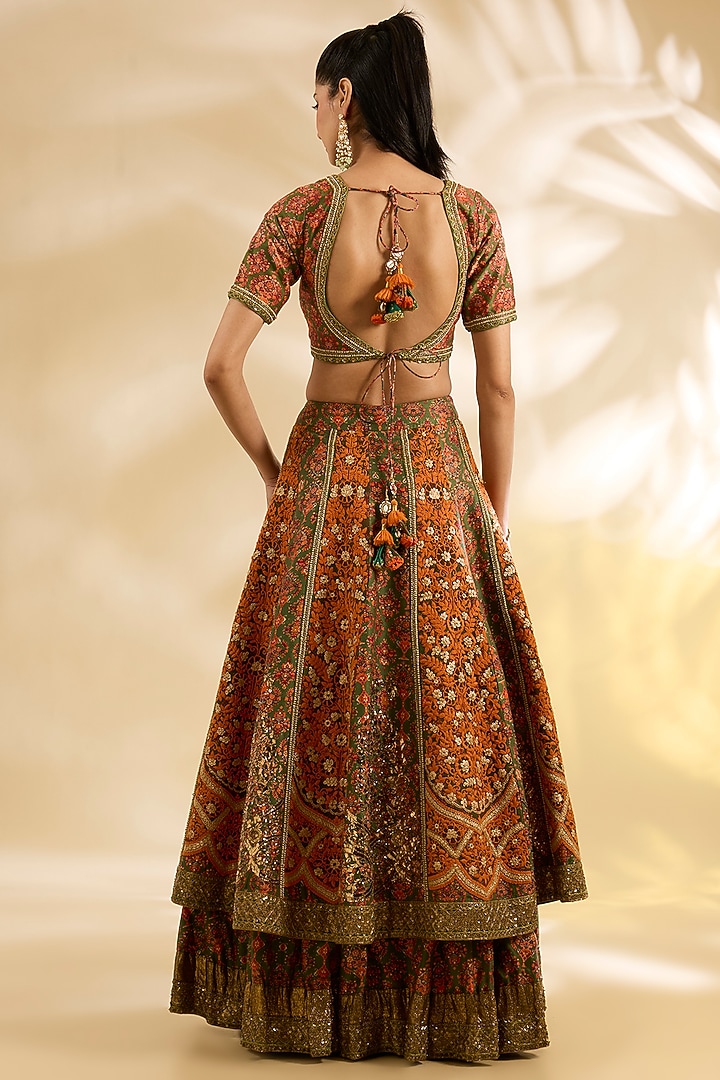 Rust & Olive Silk Floral Printed & Embroidered Bridal Lehenga Set by Debyani at Pernia's Pop Up Shop
