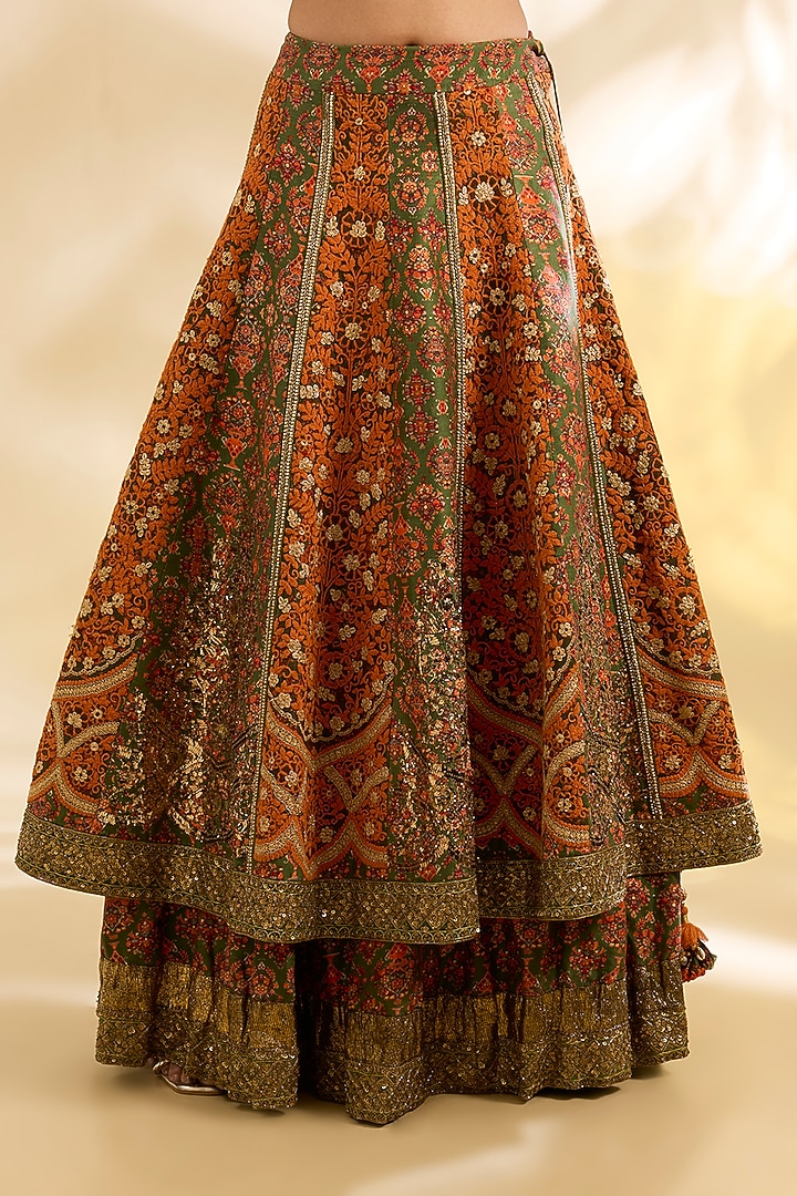 Rust & Olive Silk Floral Printed & Embroidered Bridal Lehenga Set by Debyani at Pernia's Pop Up Shop