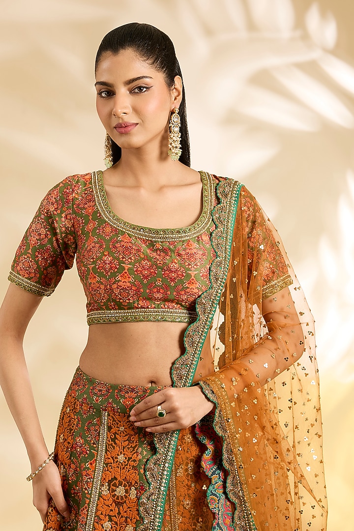Rust & Olive Silk Floral Printed & Embroidered Bridal Lehenga Set by Debyani at Pernia's Pop Up Shop