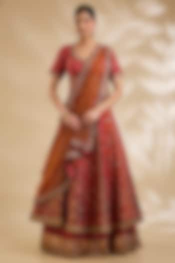 Rust Chanderi Hand & Machine Embroidered Bridal Lehenga Set by Debyani at Pernia's Pop Up Shop