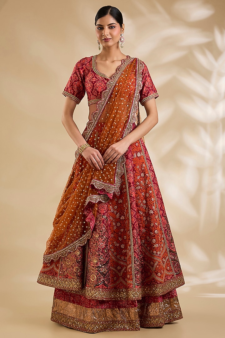 Rust Chanderi Hand & Machine Embroidered Bridal Lehenga Set by Debyani at Pernia's Pop Up Shop
