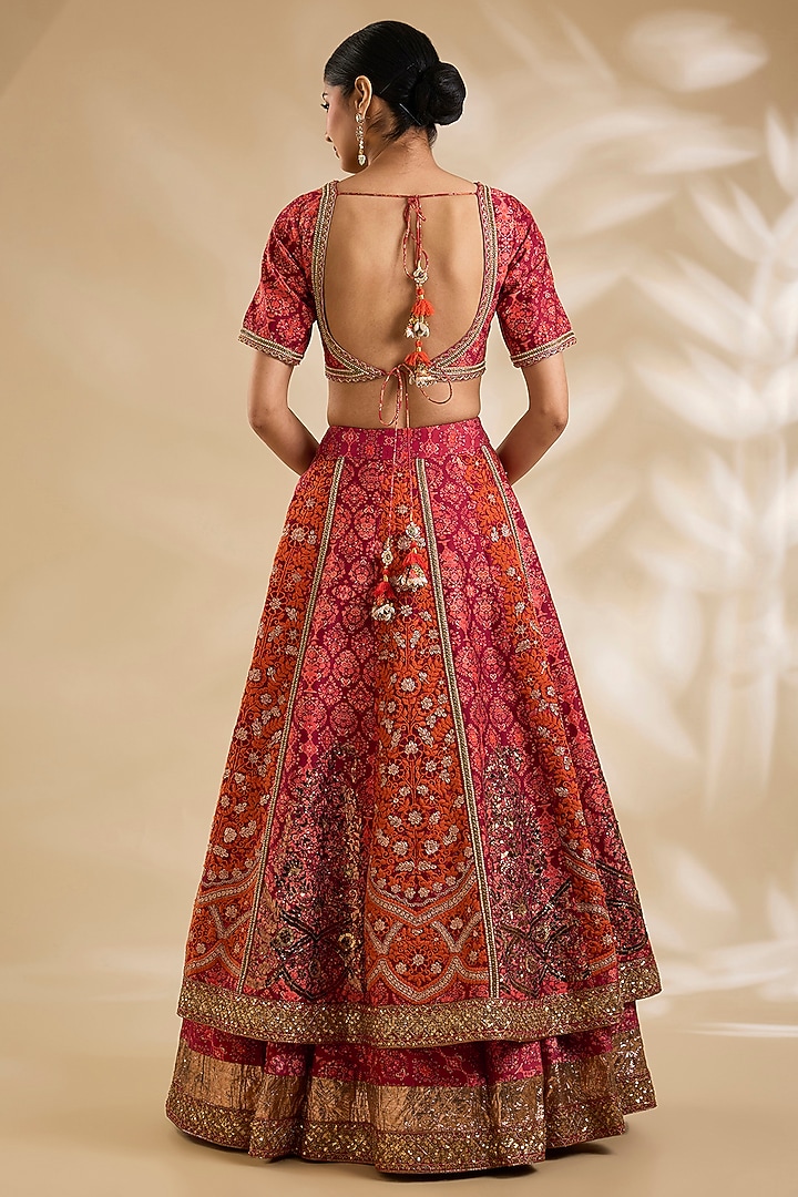 Rust Chanderi Hand & Machine Embroidered Bridal Lehenga Set by Debyani at Pernia's Pop Up Shop