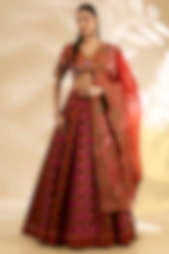 Magenta & Orange Silk Abstract Printed Wedding Lehenga Set by Debyani at Pernia's Pop Up Shop