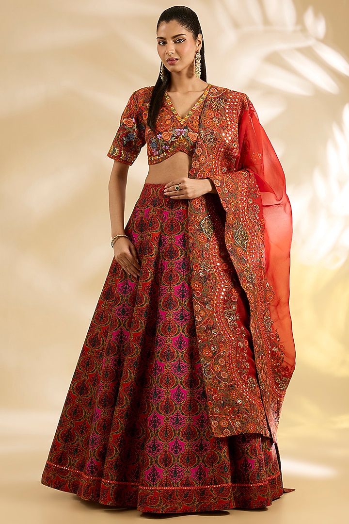 Magenta & Orange Silk Abstract Printed Wedding Lehenga Set by Debyani at Pernia's Pop Up Shop