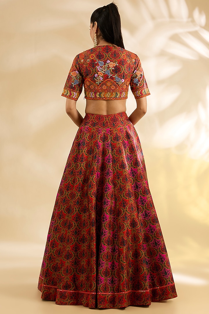 Magenta & Orange Silk Abstract Printed Wedding Lehenga Set by Debyani at Pernia's Pop Up Shop