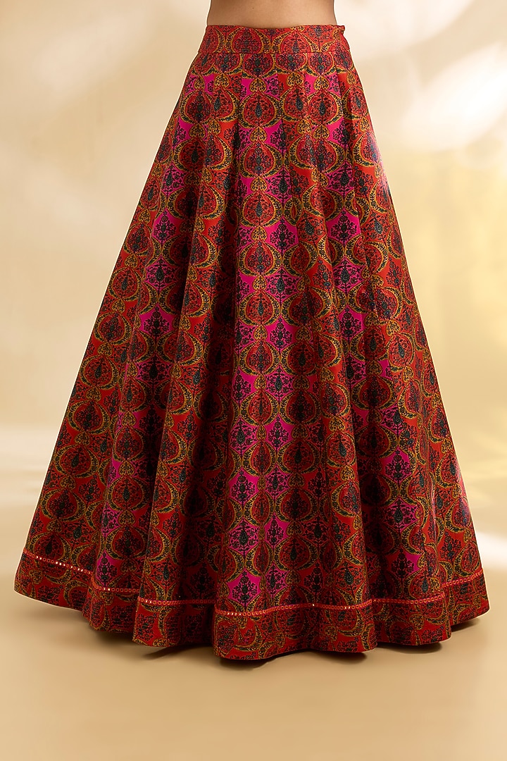 Magenta & Orange Silk Abstract Printed Wedding Lehenga Set by Debyani at Pernia's Pop Up Shop