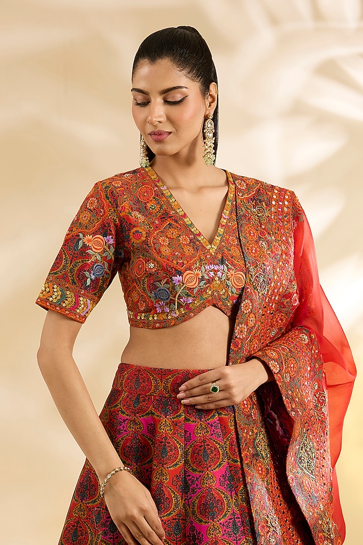 Magenta & Orange Silk Abstract Printed Wedding Lehenga Set by Debyani at Pernia's Pop Up Shop