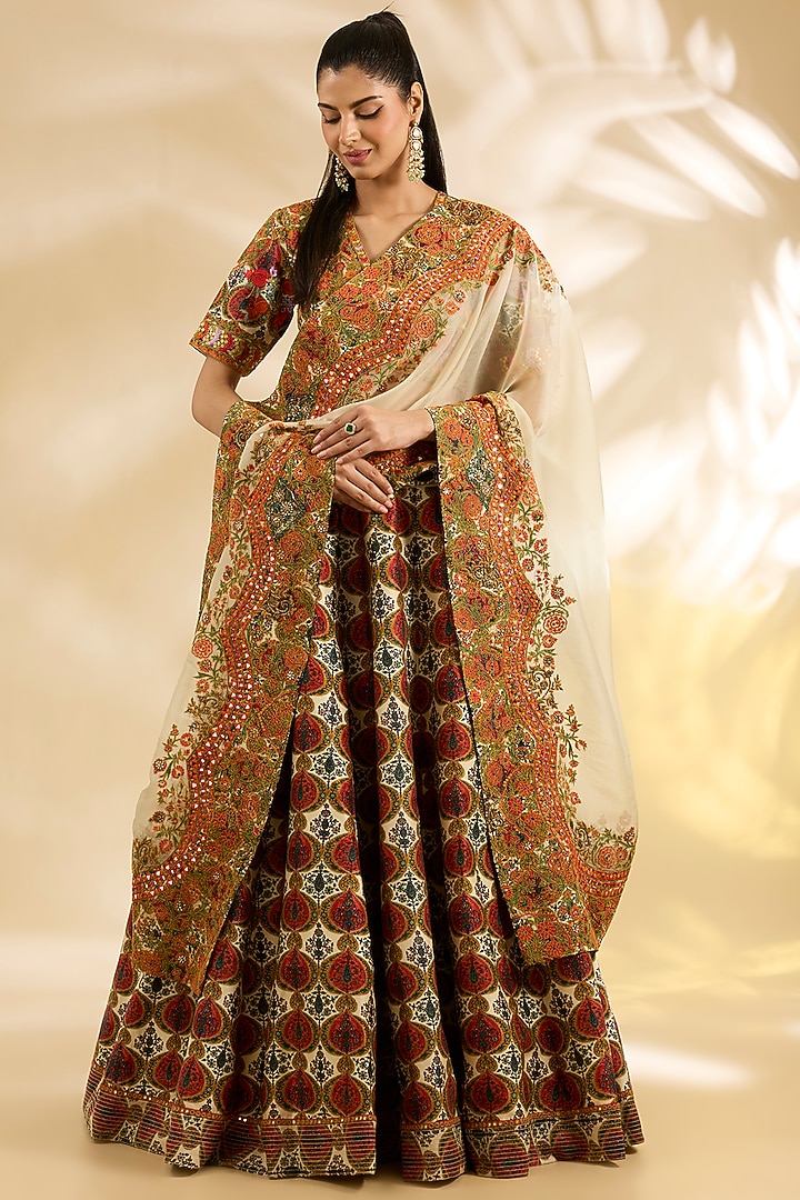 Ivory Silk Abstract Printed & Embroidered Wedding Lehenga Set by Debyani at Pernia's Pop Up Shop