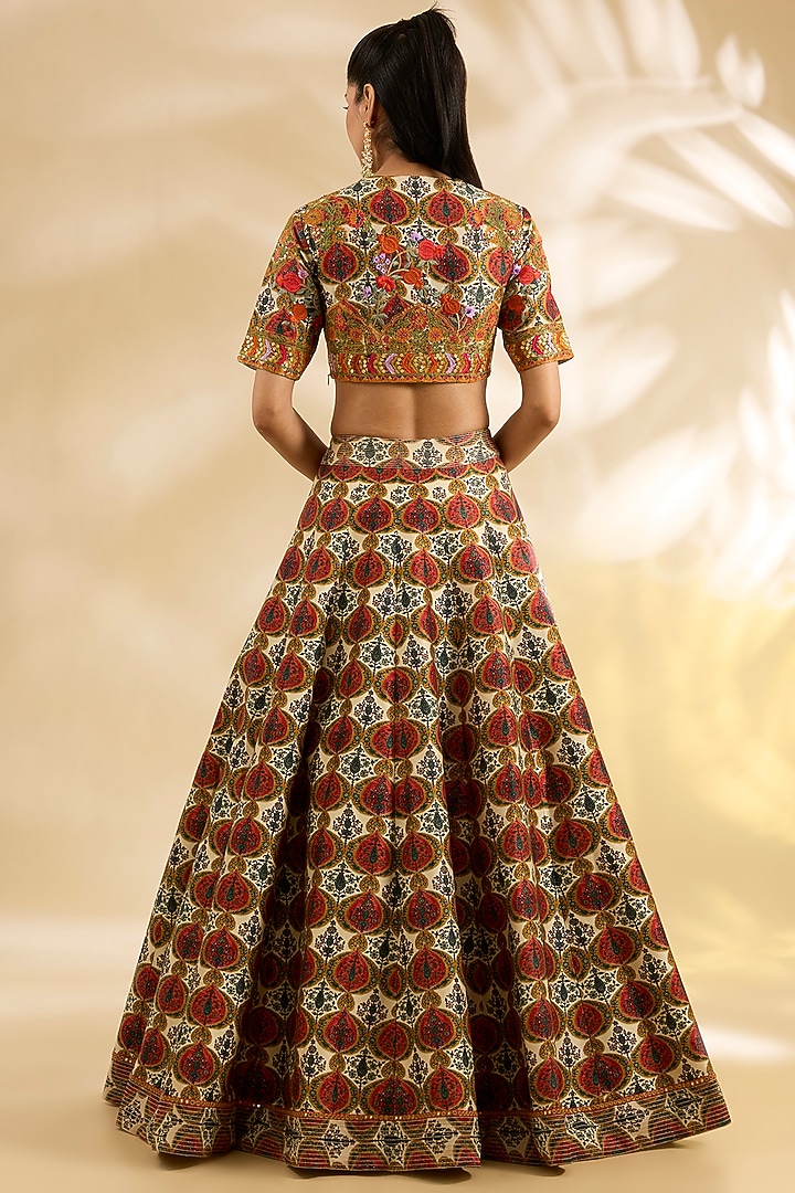 Ivory Silk Abstract Printed & Embroidered Wedding Lehenga Set by Debyani at Pernia's Pop Up Shop