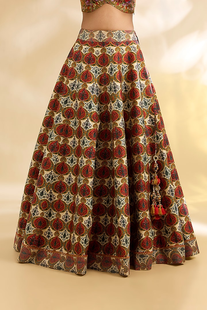 Ivory Silk Abstract Printed & Embroidered Wedding Lehenga Set by Debyani at Pernia's Pop Up Shop