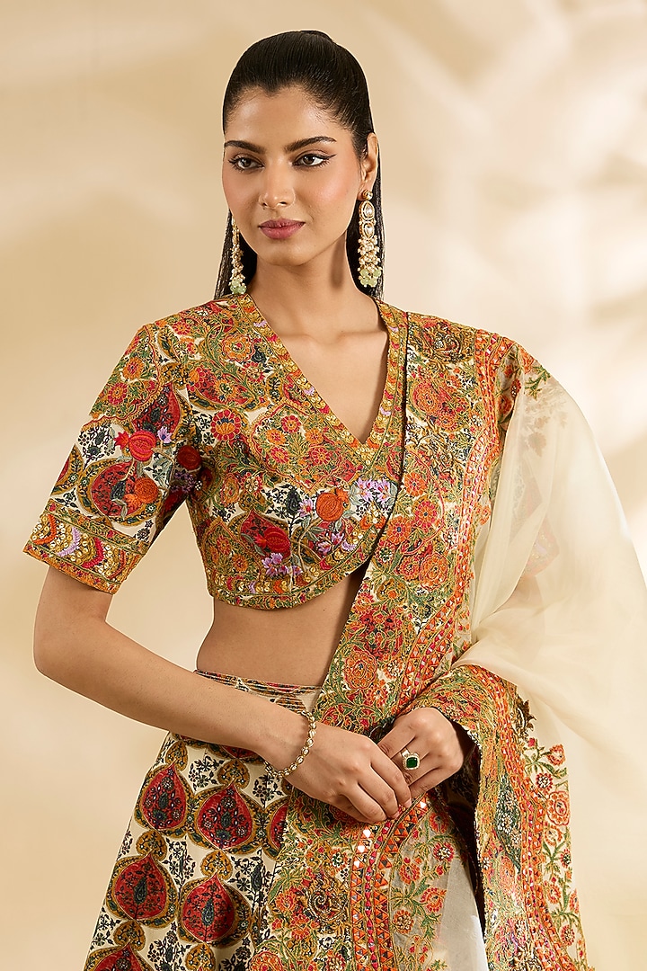 Ivory Silk Abstract Printed & Embroidered Wedding Lehenga Set by Debyani at Pernia's Pop Up Shop