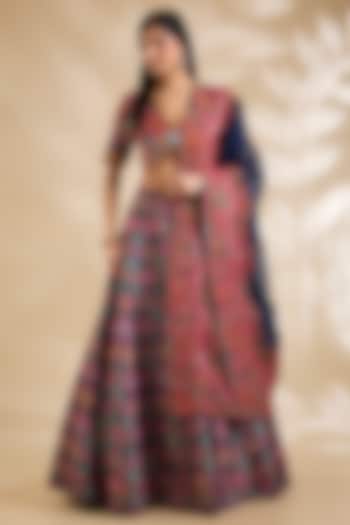 Blue Chanderi Hand & Machine Embroidered Wedding Lehenga Set by Debyani at Pernia's Pop Up Shop