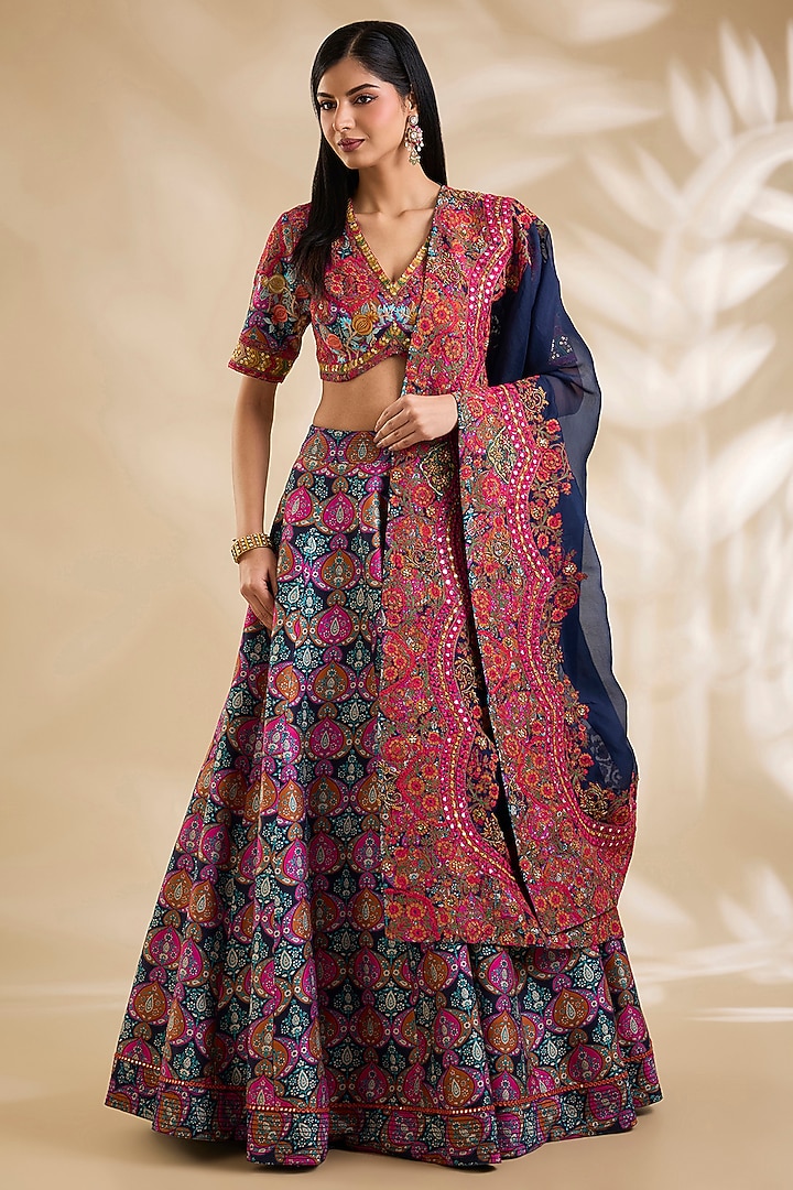 Blue Chanderi Hand & Machine Embroidered Wedding Lehenga Set by Debyani at Pernia's Pop Up Shop
