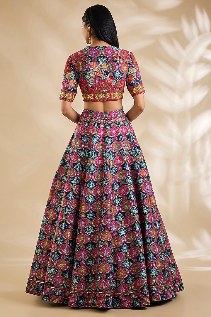 Blue Chanderi Hand & Machine Embroidered Wedding Lehenga Set by Debyani at Pernia's Pop Up Shop