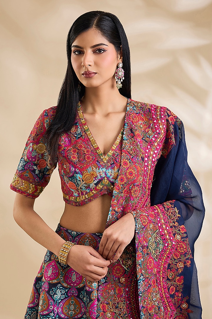 Blue Chanderi Hand & Machine Embroidered Wedding Lehenga Set by Debyani at Pernia's Pop Up Shop